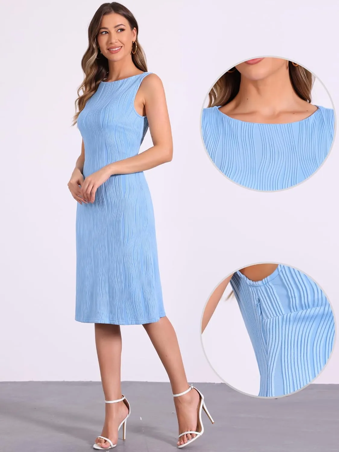 Allegra K Sleeveless Sheath Dress for Women's Boat Neck Textured Elegant Office Dress