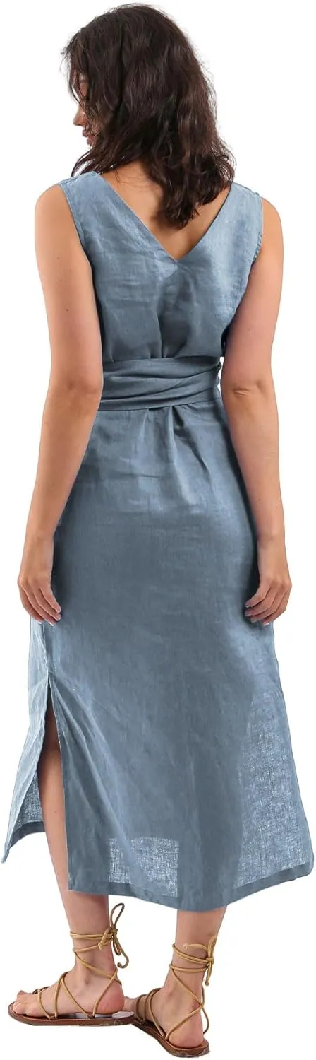 Amazhiyu Womens 100% Linen Summer Sleeveless V-Neck Midi Dresses with Pockets