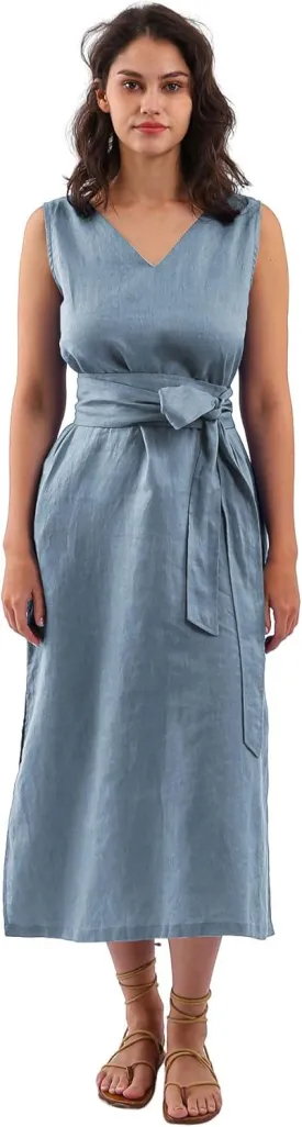 Amazhiyu Womens 100% Linen Summer Sleeveless V-Neck Midi Dresses with Pockets