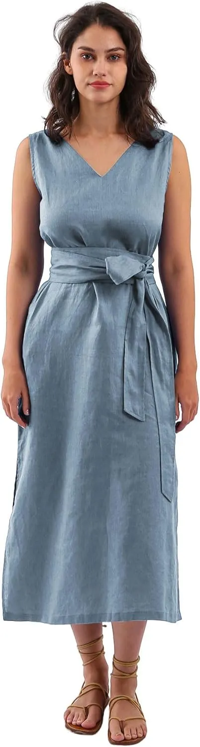 Amazhiyu Womens 100% Linen Summer Sleeveless V-Neck Midi Dresses with Pockets