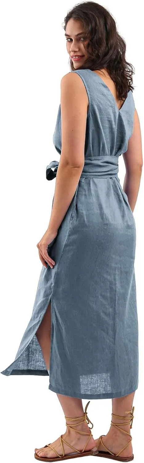 Amazhiyu Womens 100% Linen Summer Sleeveless V-Neck Midi Dresses with Pockets
