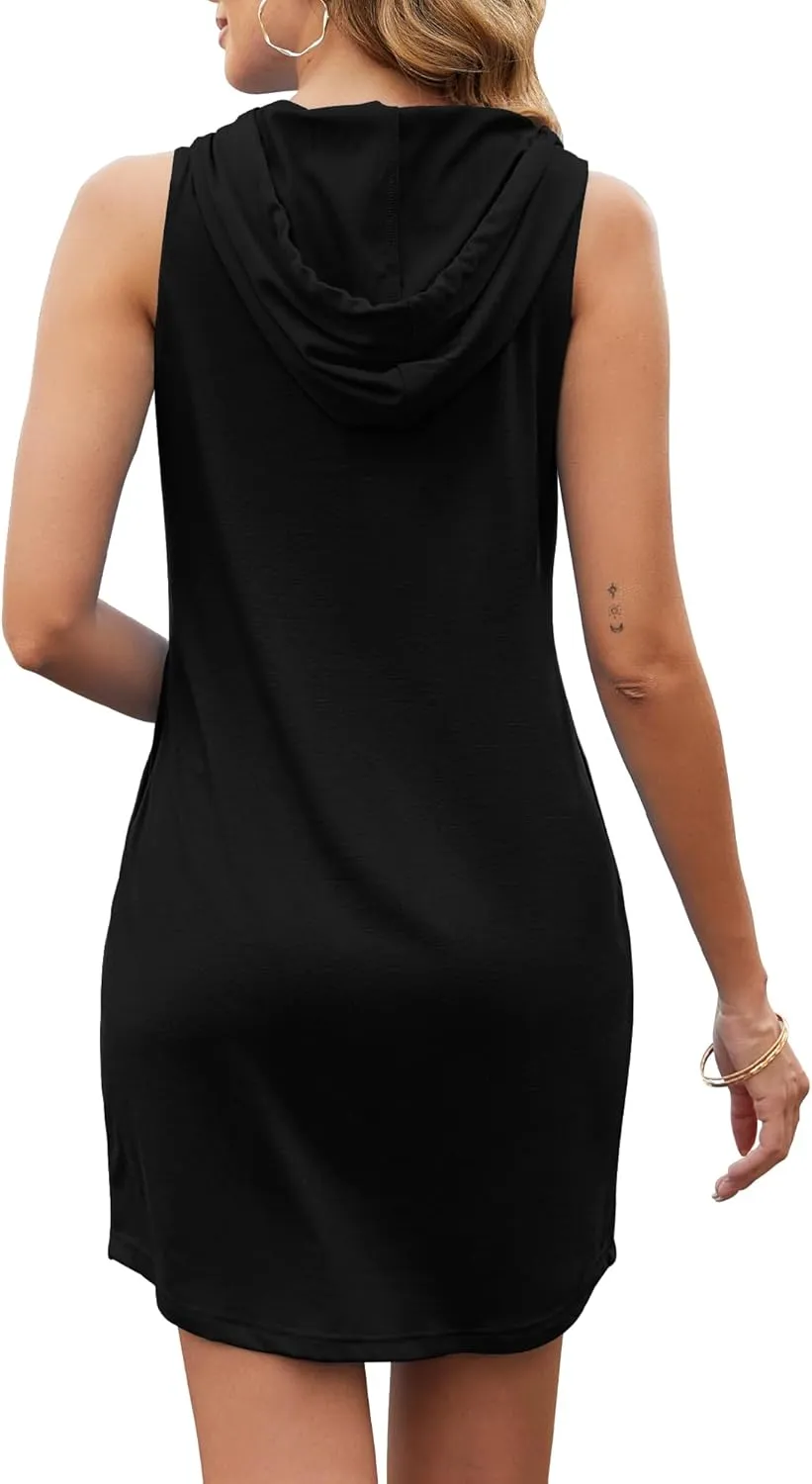 AUSELILY Womens Summer Dresses 2025 Casual Sleeveless Sweatshirt Dress Drawstring Hoodie Mini Dress with Pockets