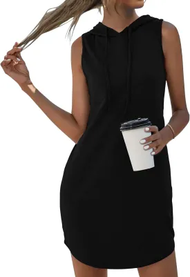 AUSELILY Womens Summer Dresses 2025 Casual Sleeveless Sweatshirt Dress Drawstring Hoodie Mini Dress with Pockets