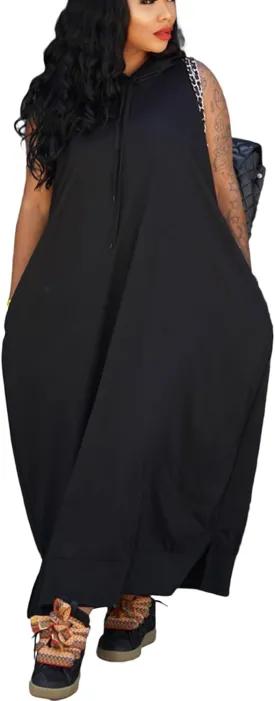 Bluewolfsea Women Casual Loose Fit Sleeveless Pullover Maxi Hoodie Dress with Pockets Side Slit Tshirt Maxi Dress