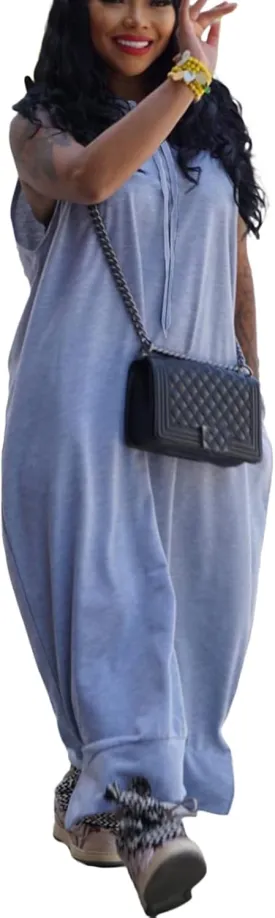Bluewolfsea Women Casual Loose Fit Sleeveless Pullover Maxi Hoodie Dress with Pockets Side Slit Tshirt Maxi Dress