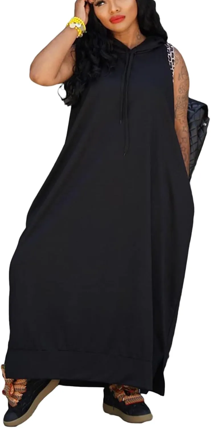 Bluewolfsea Women Casual Loose Fit Sleeveless Pullover Maxi Hoodie Dress with Pockets Side Slit Tshirt Maxi Dress