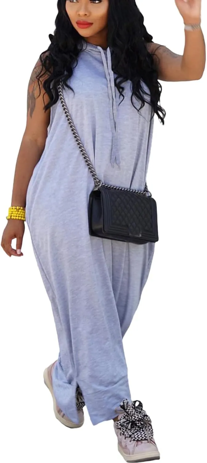 Bluewolfsea Women Casual Loose Fit Sleeveless Pullover Maxi Hoodie Dress with Pockets Side Slit Tshirt Maxi Dress