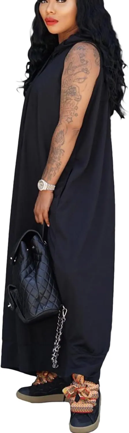 Bluewolfsea Women Casual Loose Fit Sleeveless Pullover Maxi Hoodie Dress with Pockets Side Slit Tshirt Maxi Dress
