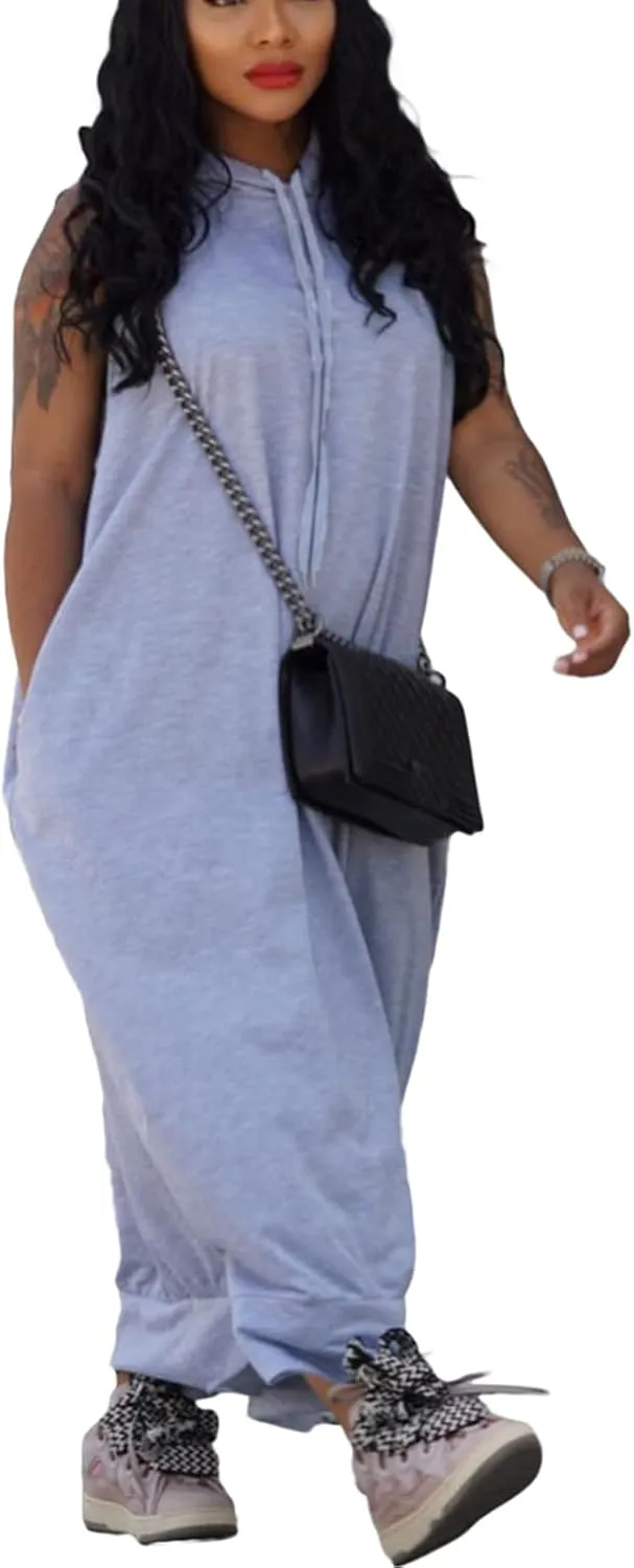 Bluewolfsea Women Casual Loose Fit Sleeveless Pullover Maxi Hoodie Dress with Pockets Side Slit Tshirt Maxi Dress
