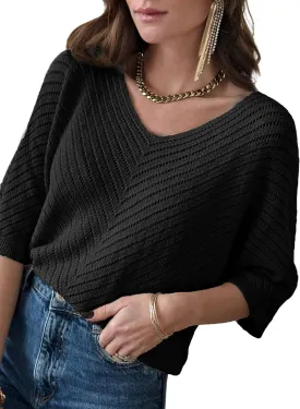 Dokotoo Women's 2025 Summer Spring Casual 3/4 Sleeve Solid Color V Neck Loose Pullover Knit Fall Sweaters Tops