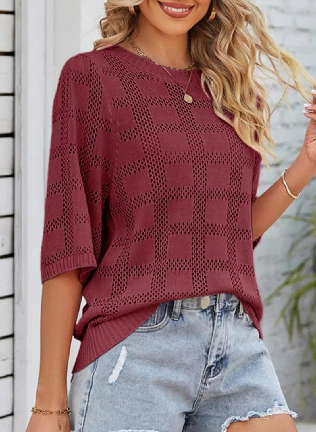 Dokotoo Women's Casual Short Sleeve Loose Tunic Tops Lightweight Crochet Knit Summer Sweaters Blouses