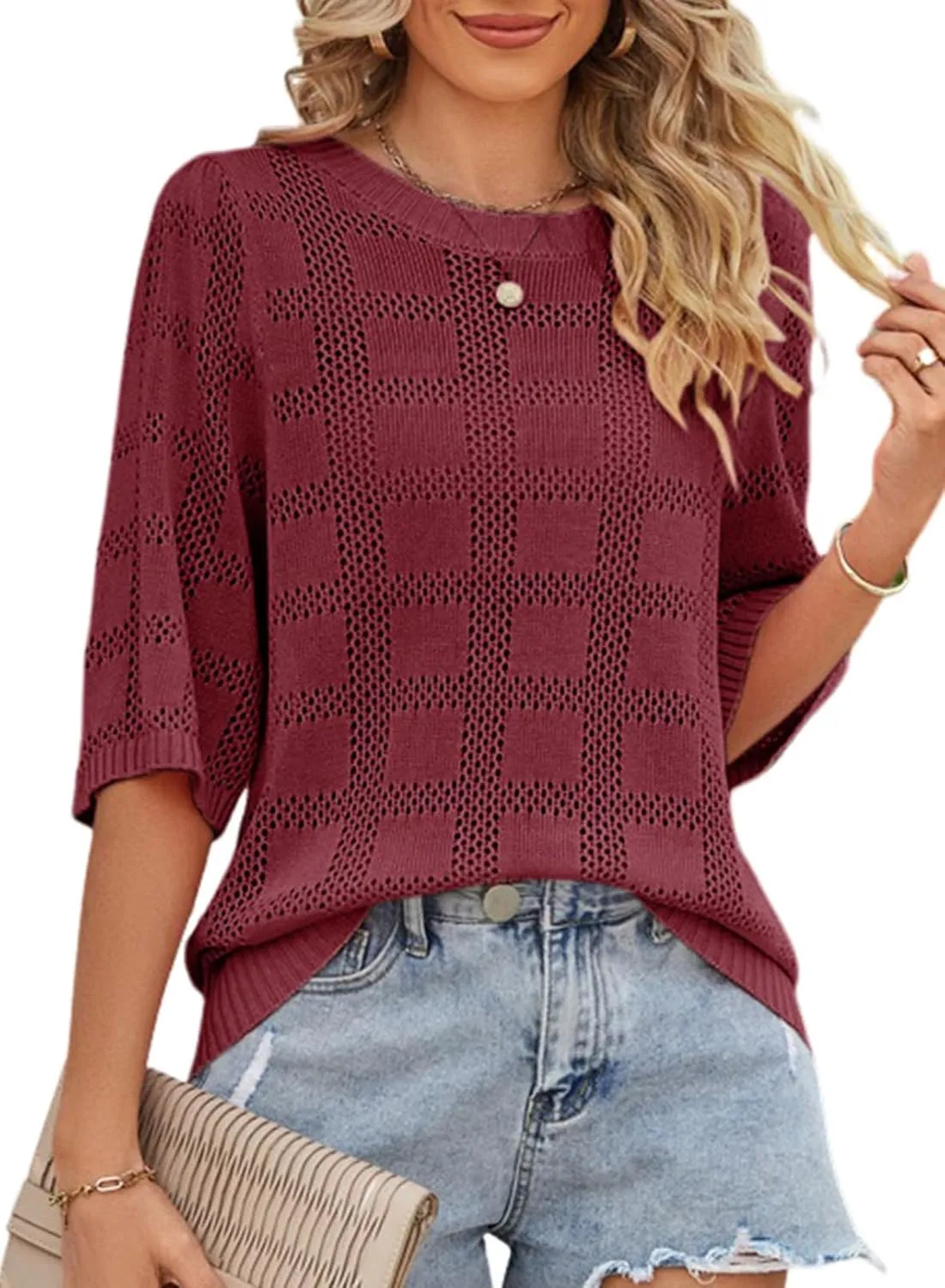 Dokotoo Women's Casual Short Sleeve Loose Tunic Tops Lightweight Crochet Knit Summer Sweaters Blouses