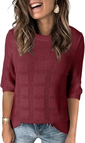 Dokotoo Women's Casual Short Sleeve Loose Tunic Tops Lightweight Crochet Knit Summer Sweaters Blouses