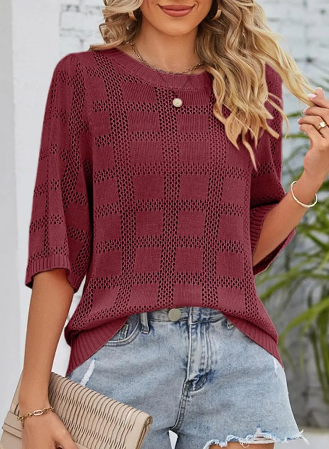 Dokotoo Women's Casual Short Sleeve Loose Tunic Tops Lightweight Crochet Knit Summer Sweaters Blouses