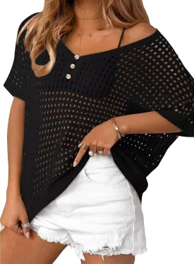 Dokotoo Womens Summer V Neck Short Sleeve Button Down Sweater Casual Crochet Hollow Out Knit Tops Beach Coverup