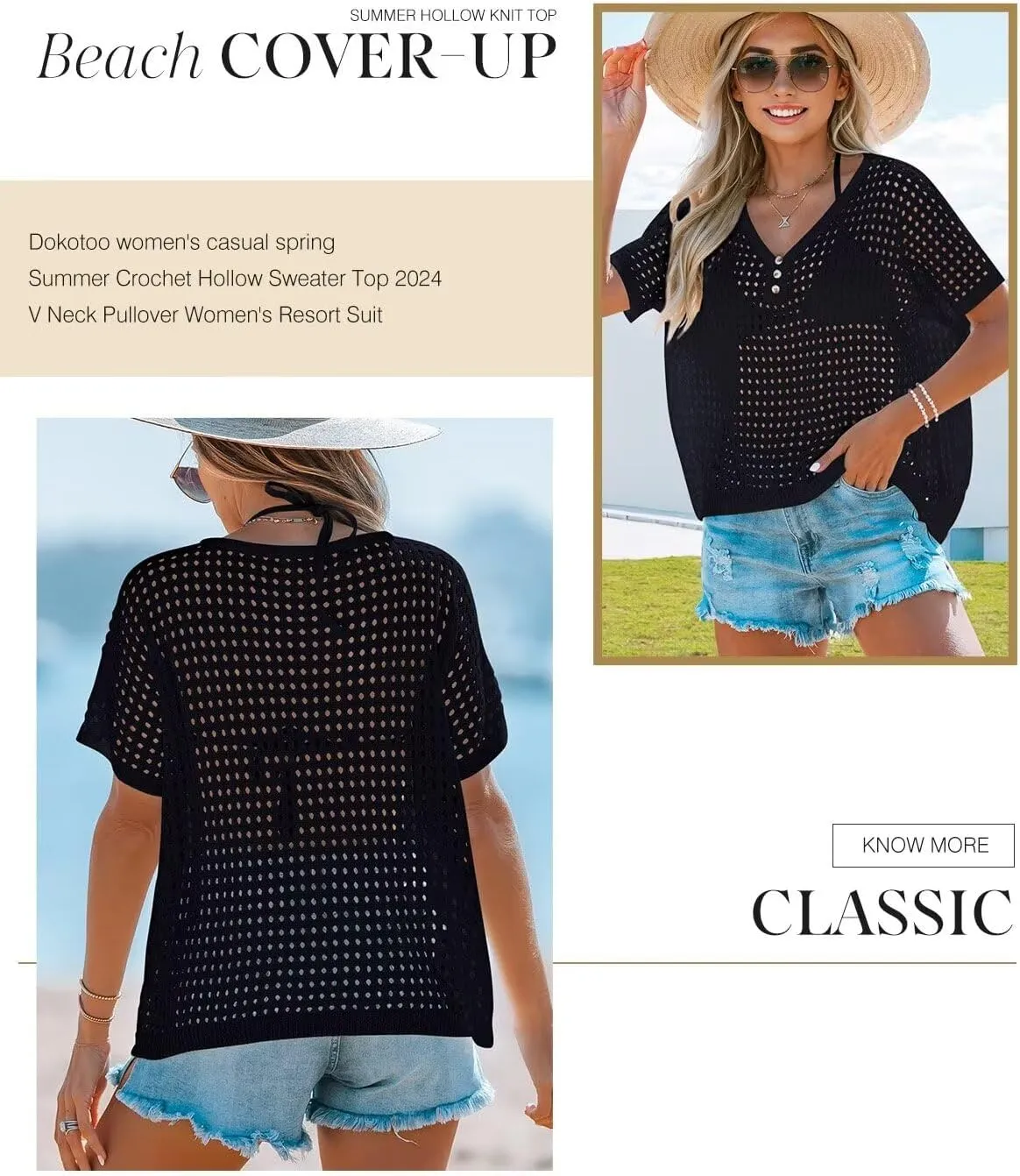 Dokotoo Womens Summer V Neck Short Sleeve Button Down Sweater Casual Crochet Hollow Out Knit Tops Beach Coverup