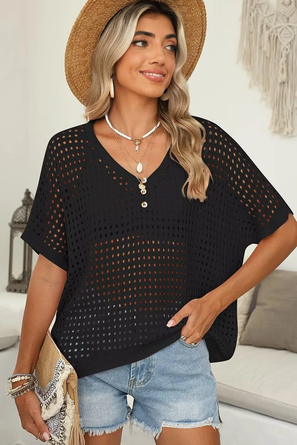 Dokotoo Womens Summer V Neck Short Sleeve Button Down Sweater Casual Crochet Hollow Out Knit Tops Beach Coverup
