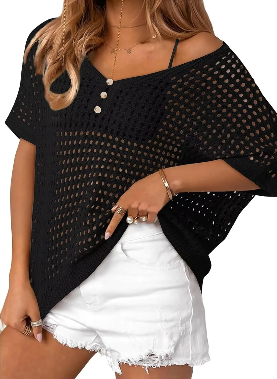 Dokotoo Womens Summer V Neck Short Sleeve Button Down Sweater Casual Crochet Hollow Out Knit Tops Beach Coverup