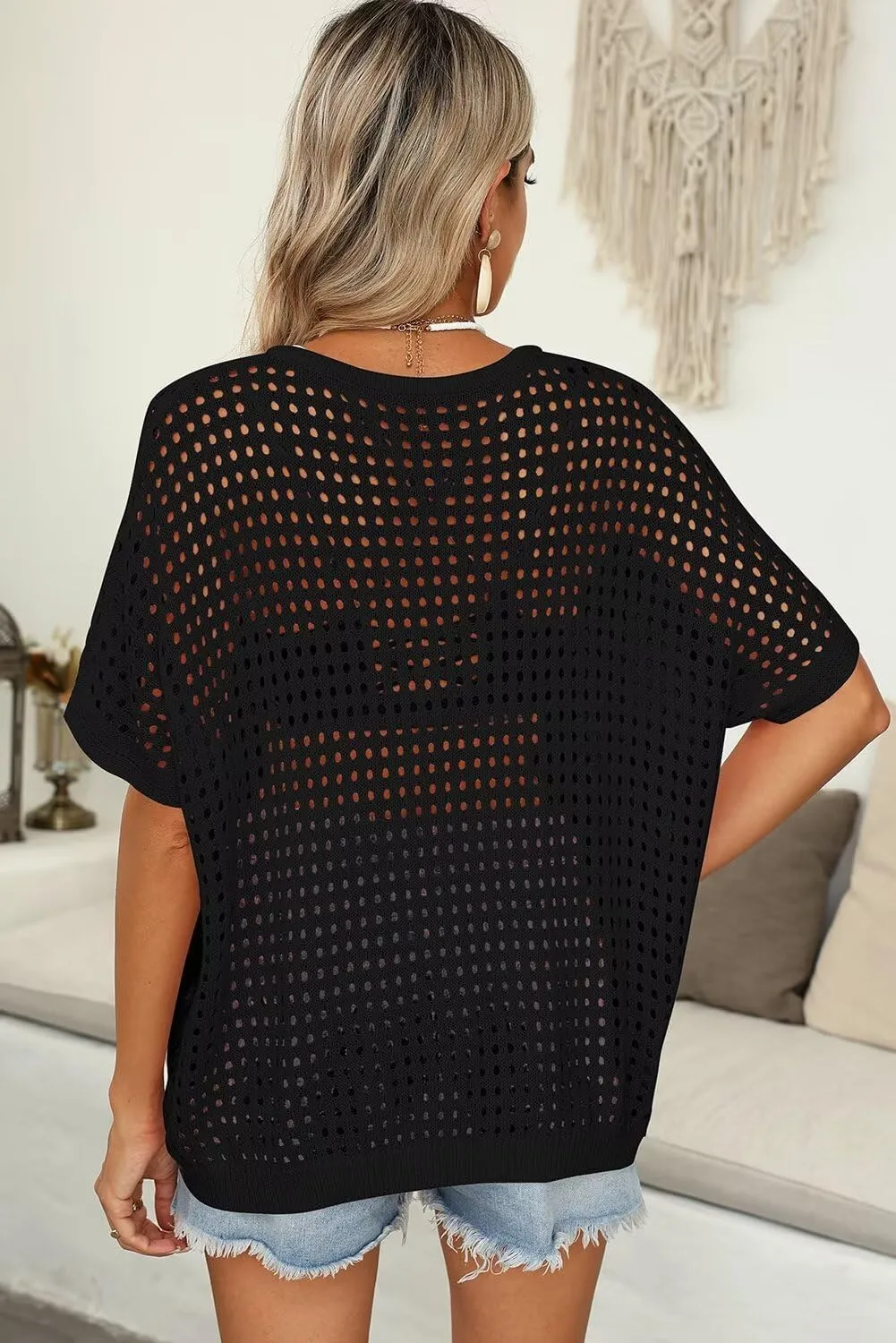 Dokotoo Womens Summer V Neck Short Sleeve Button Down Sweater Casual Crochet Hollow Out Knit Tops Beach Coverup