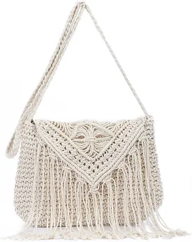 Emprier Retro Crochet Crossbody Shoulder Bag for Women Woven Fringe hobo bags Summer Beach Handmade Purse