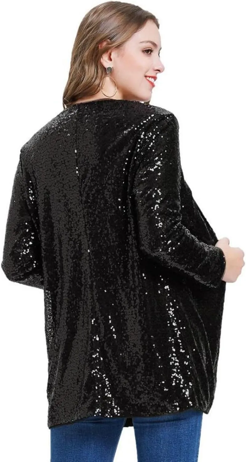 KANCY KOLE Women's Sequin Jacket Open Front Sparkly Jacket Blazer Casual Long Sleeve Cardigan Coat S-XXL