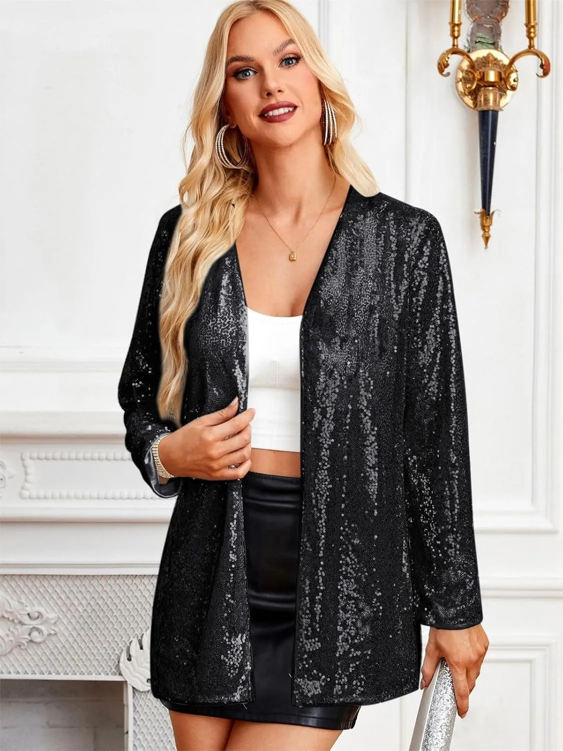 KANCY KOLE Women's Sequin Jacket Open Front Sparkly Jacket Blazer Casual Long Sleeve Cardigan Coat S-XXL