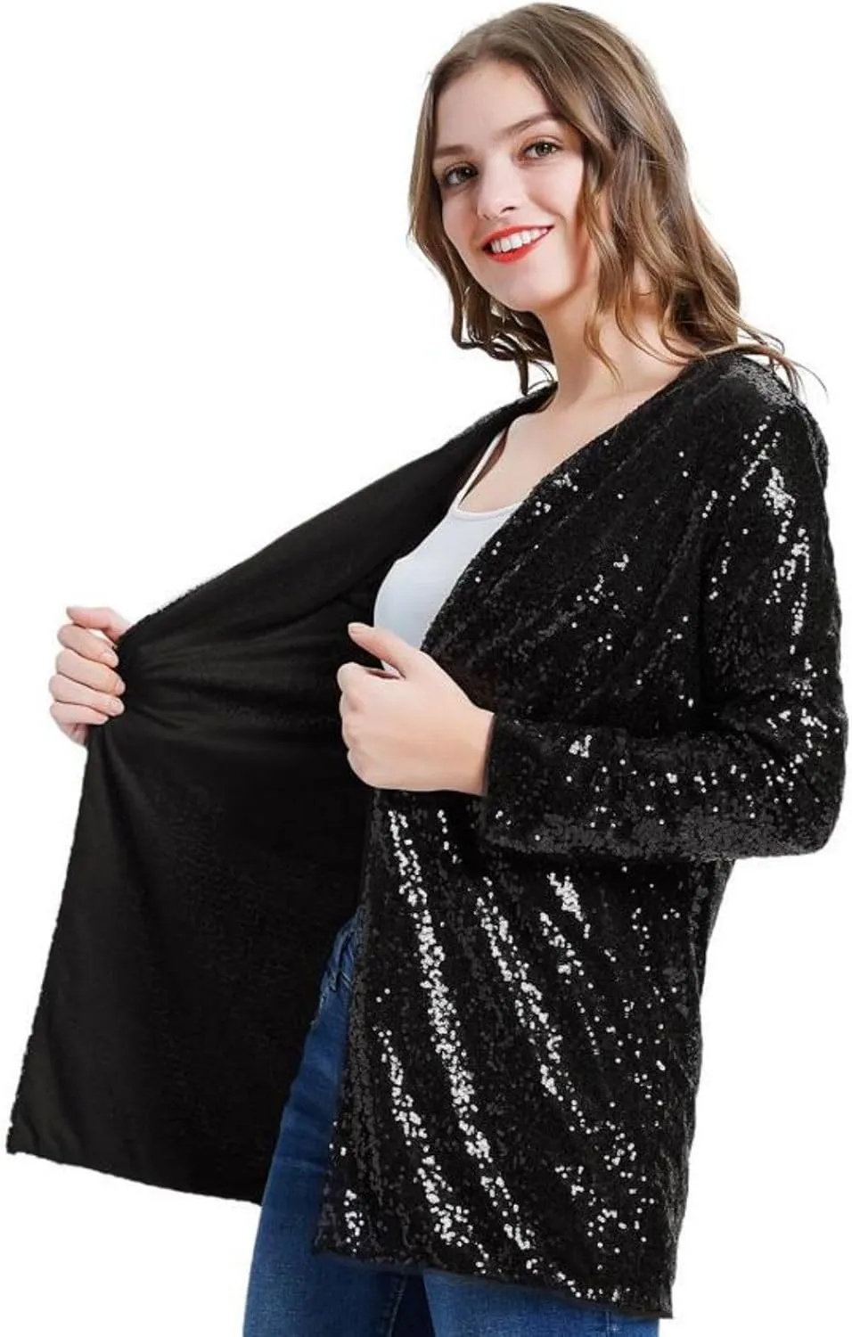 KANCY KOLE Women's Sequin Jacket Open Front Sparkly Jacket Blazer Casual Long Sleeve Cardigan Coat S-XXL