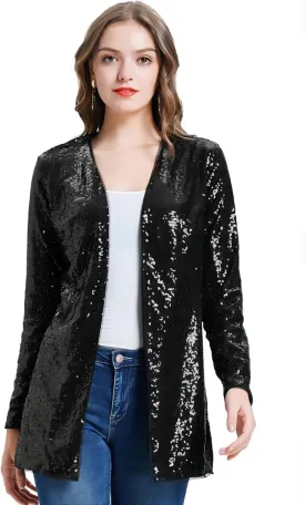 KANCY KOLE Women's Sequin Jacket Open Front Sparkly Jacket Blazer Casual Long Sleeve Cardigan Coat S-XXL
