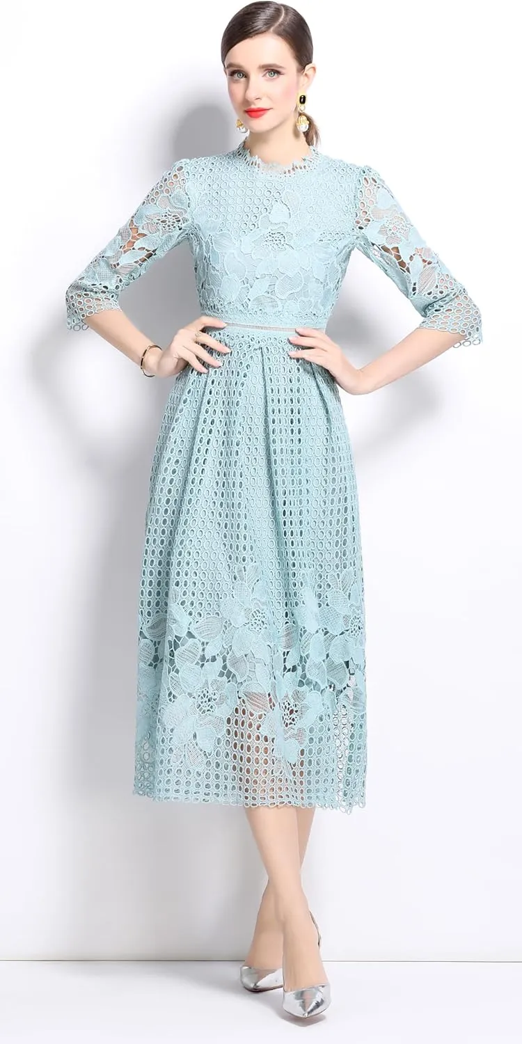 LAI MENG FIVE CATS Womens Crew Neck Flowy Floral Lace Hollow Crochet Waist Cocktail Dress