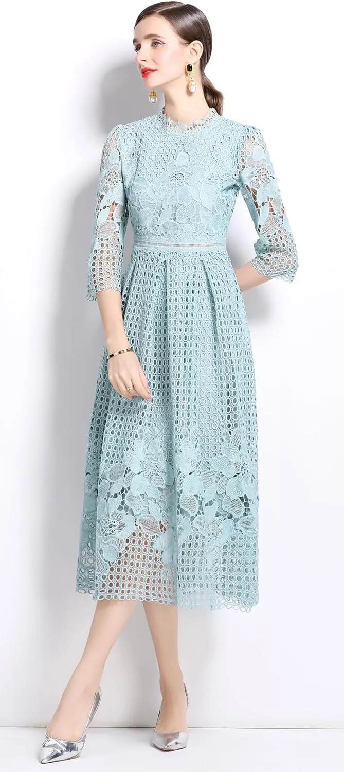 LAI MENG FIVE CATS Womens Crew Neck Flowy Floral Lace Hollow Crochet Waist Cocktail Dress