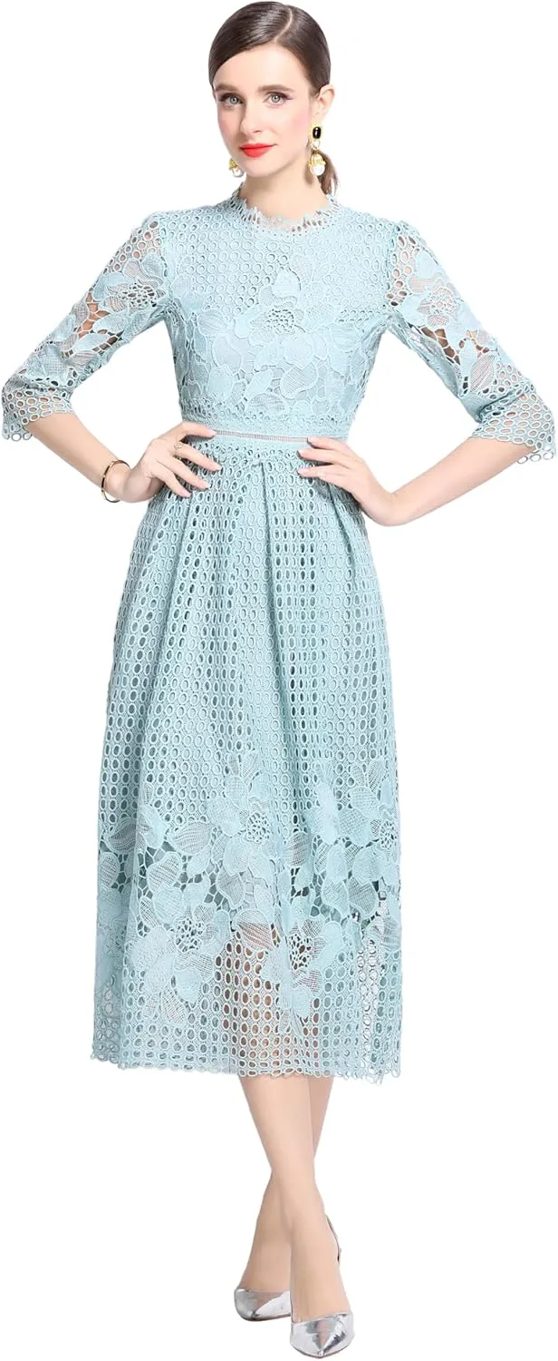 LAI MENG FIVE CATS Womens Crew Neck Flowy Floral Lace Hollow Crochet Waist Cocktail Dress