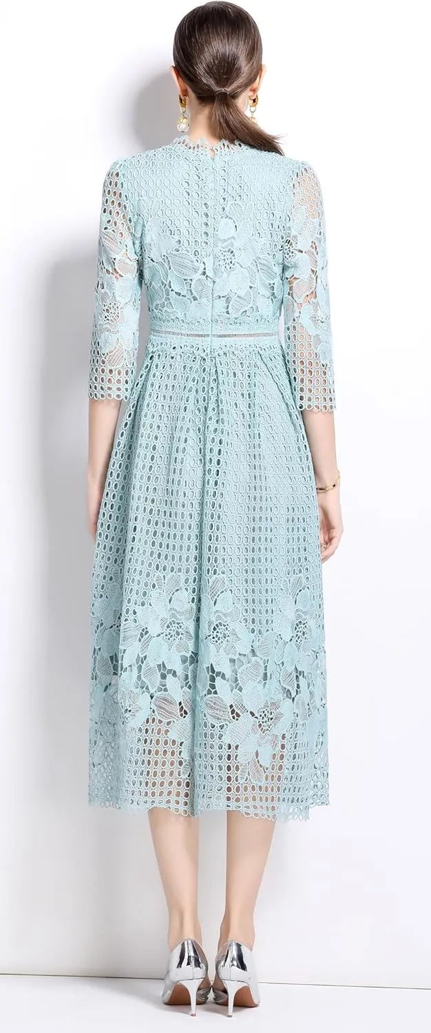 LAI MENG FIVE CATS Womens Crew Neck Flowy Floral Lace Hollow Crochet Waist Cocktail Dress