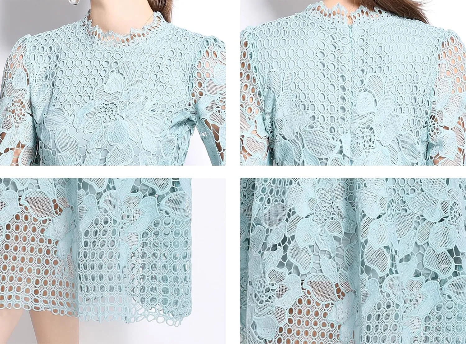 LAI MENG FIVE CATS Womens Crew Neck Flowy Floral Lace Hollow Crochet Waist Cocktail Dress