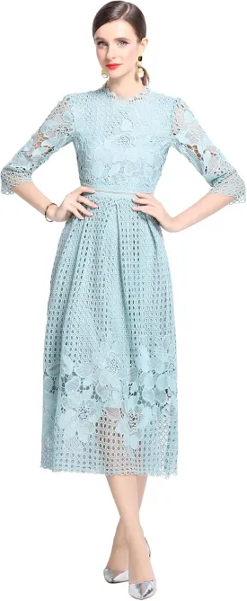 LAI MENG FIVE CATS Womens Crew Neck Flowy Floral Lace Hollow Crochet Waist Cocktail Dress