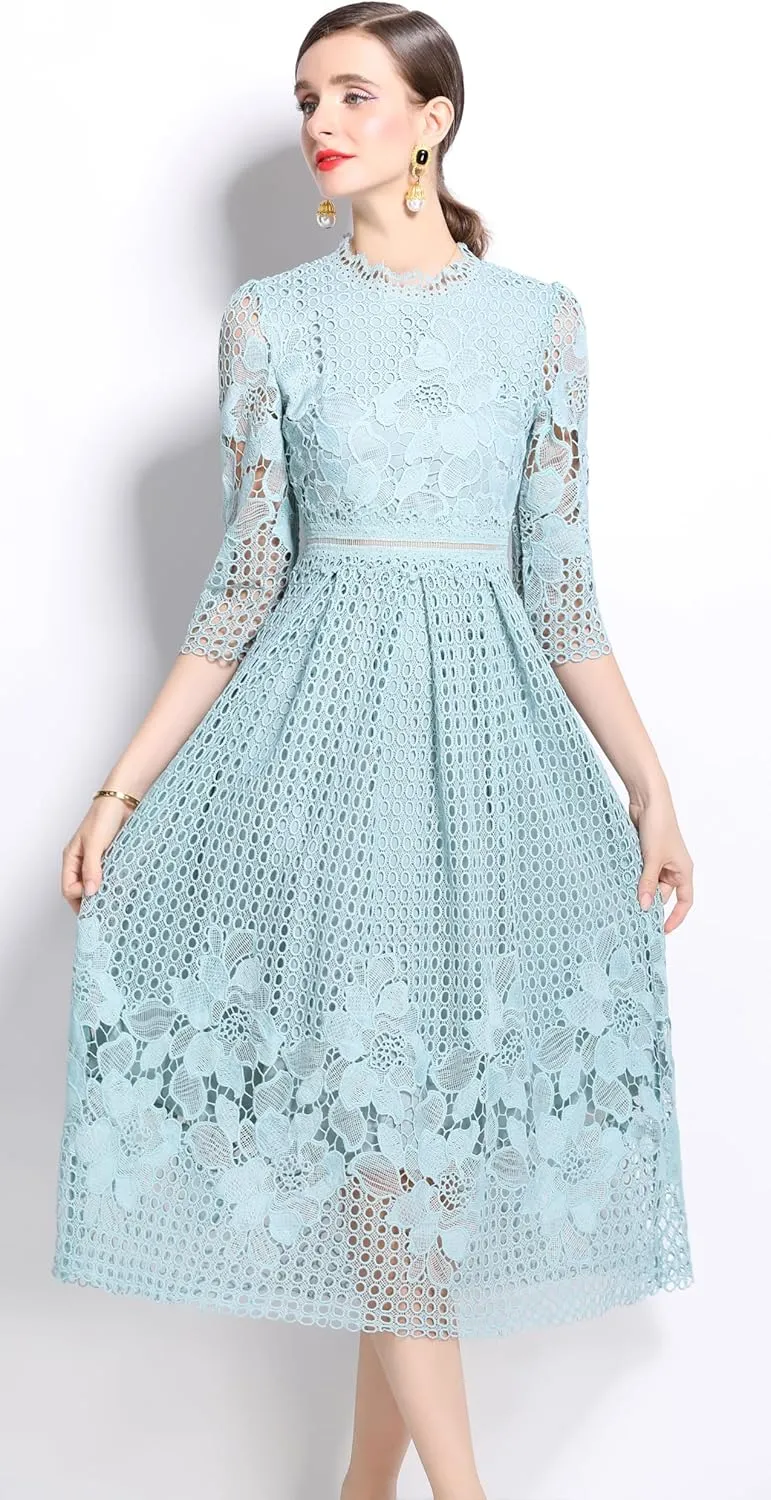 LAI MENG FIVE CATS Womens Crew Neck Flowy Floral Lace Hollow Crochet Waist Cocktail Dress