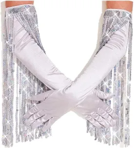 Latious Silver Sequin Fringe Gloves Long 1920s Opera Tassels Gloves Prom Glove Accessories for Women