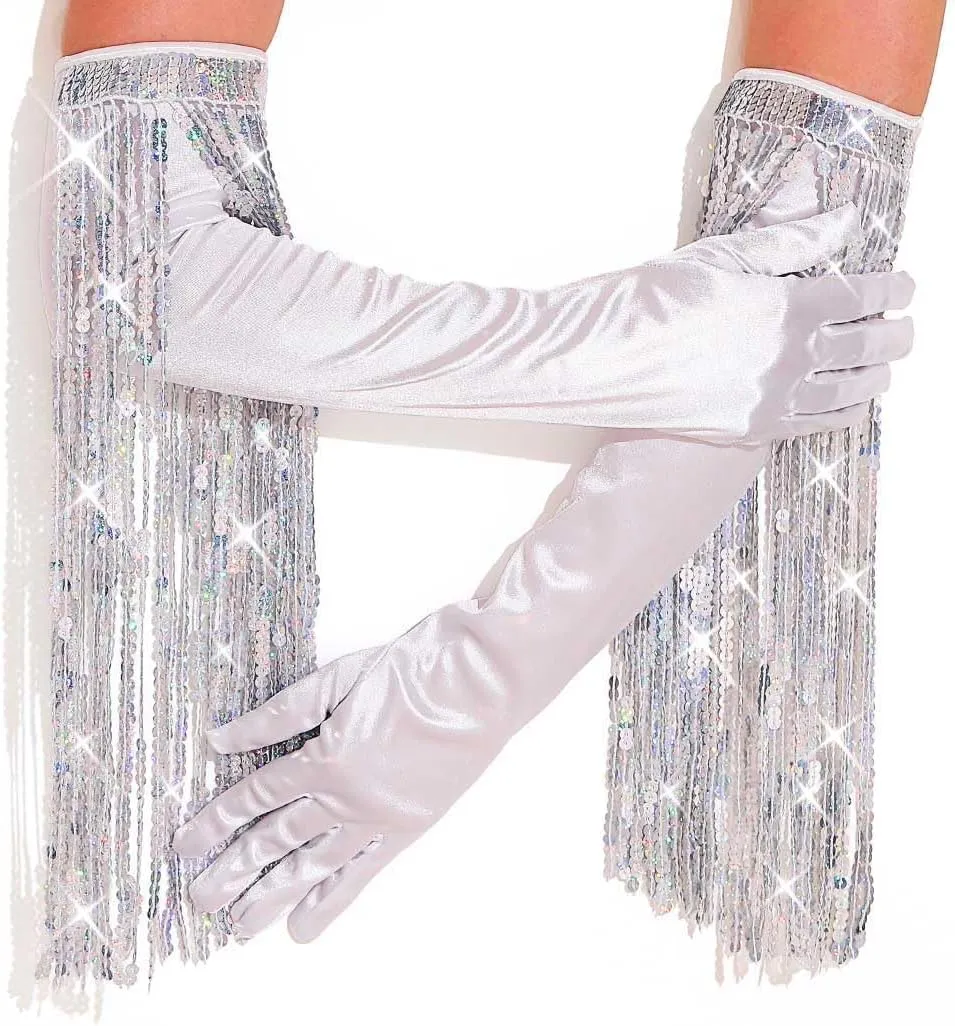 Latious Silver Sequin Fringe Gloves Long 1920s Opera Tassels Gloves Prom Glove Accessories for Women