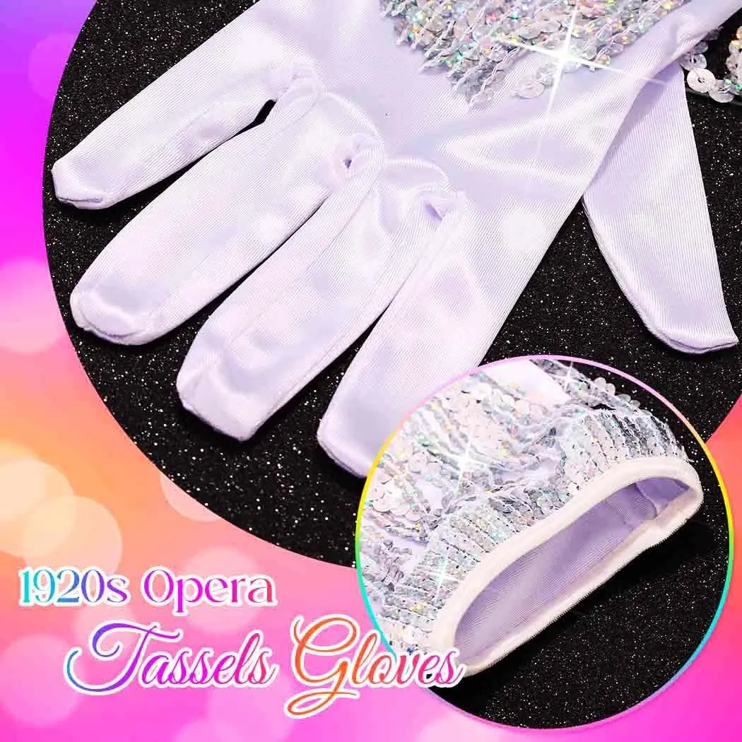 Latious Silver Sequin Fringe Gloves Long 1920s Opera Tassels Gloves Prom Glove Accessories for Women
