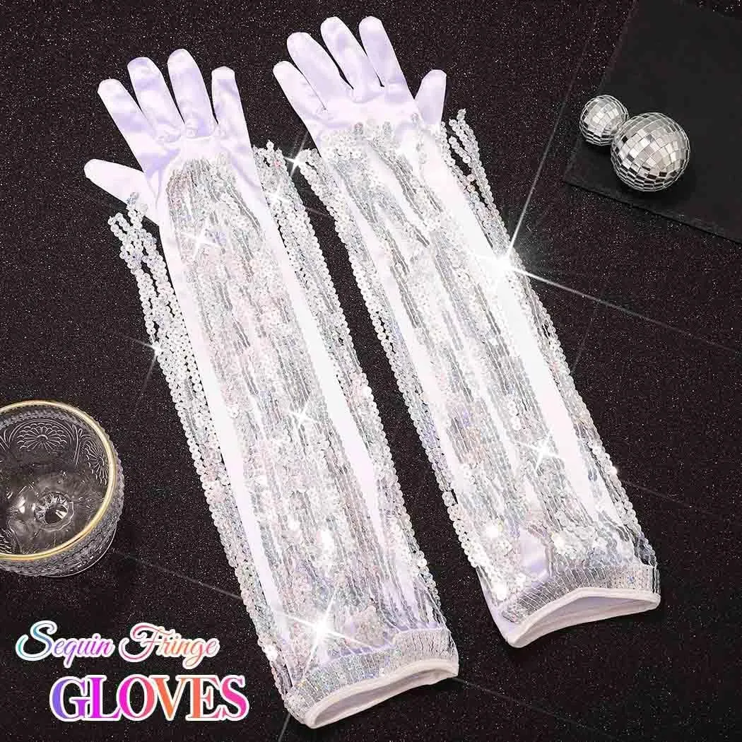 Latious Silver Sequin Fringe Gloves Long 1920s Opera Tassels Gloves Prom Glove Accessories for Women
