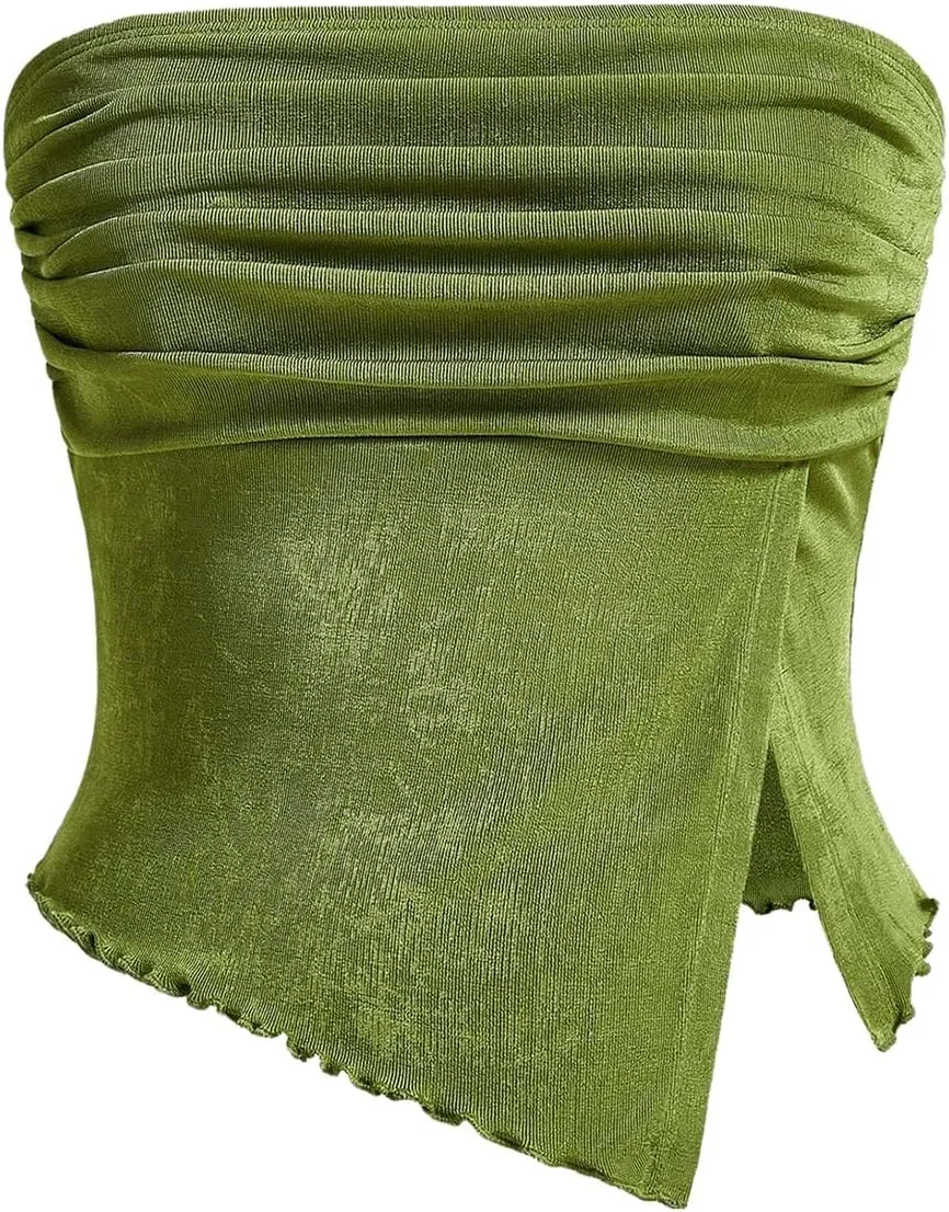 Milumia Women Mesh Tube Tops Split Hem Going Out Strapless Bandeau Tops Ruched Tank Shirts