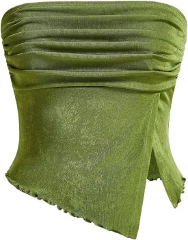 Milumia Women Mesh Tube Tops Split Hem Going Out Strapless Bandeau Tops Ruched Tank Shirts