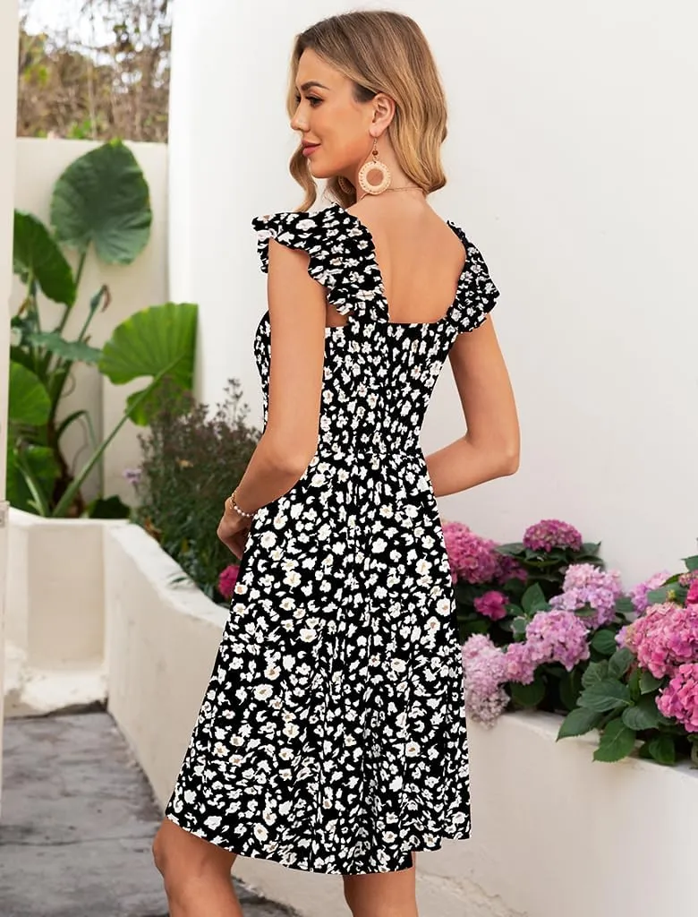 Naggoo Womens Summer Sundresses Sleeveless Square Neck Dress Floral Smocked Dress A-line Boho Beach Dresses