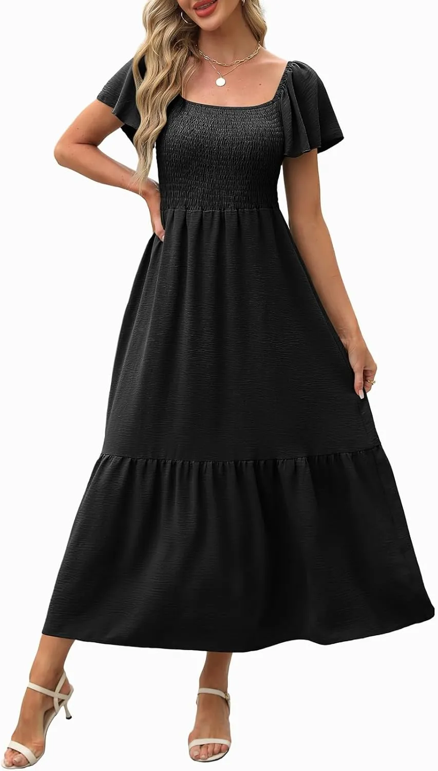 OFEEFAN Summer Dresses for Women Square Neck Ruffle Sleeve Smocked Maxi Dress with Pockets