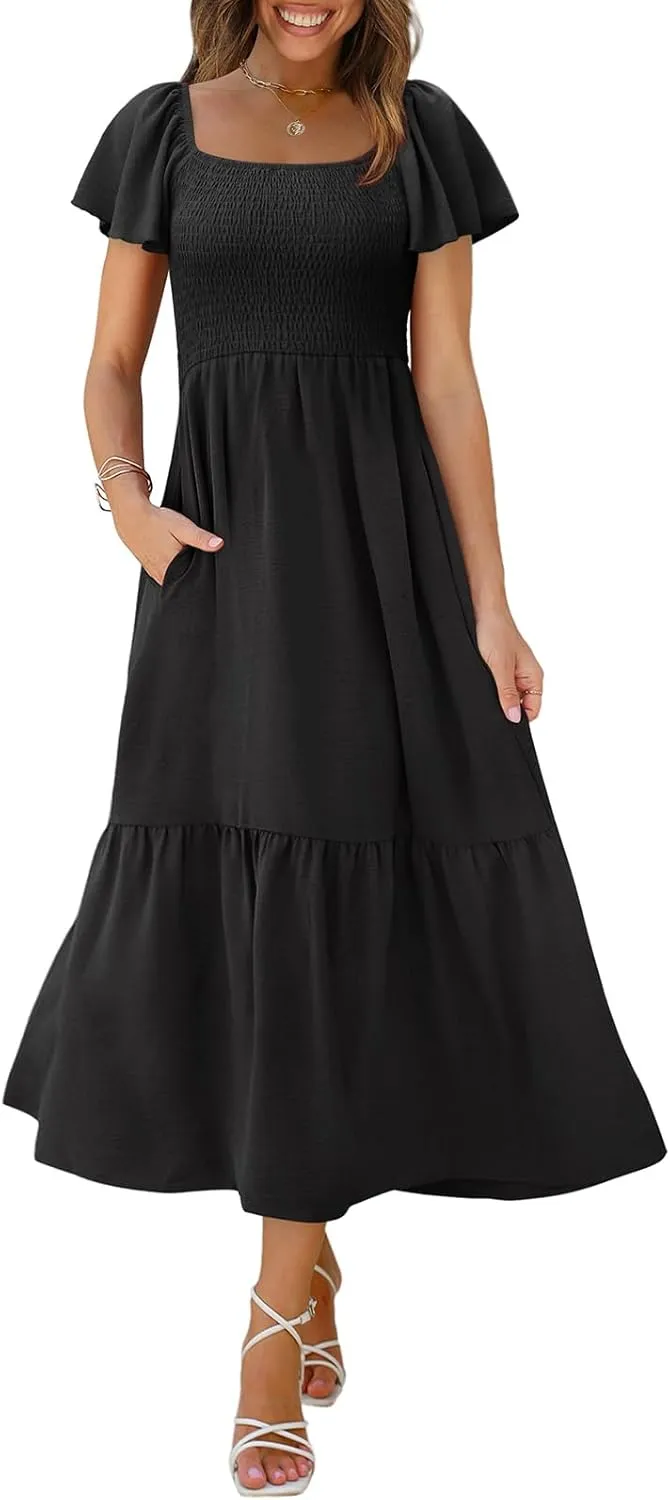 OFEEFAN Summer Dresses for Women Square Neck Ruffle Sleeve Smocked Maxi Dress with Pockets