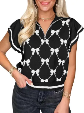 Saodimallsu Womens Ruffle Short Sleeve Knit Tops Summer Quarter Zip Cute Bow Print V Neck Collared Sweater Vest