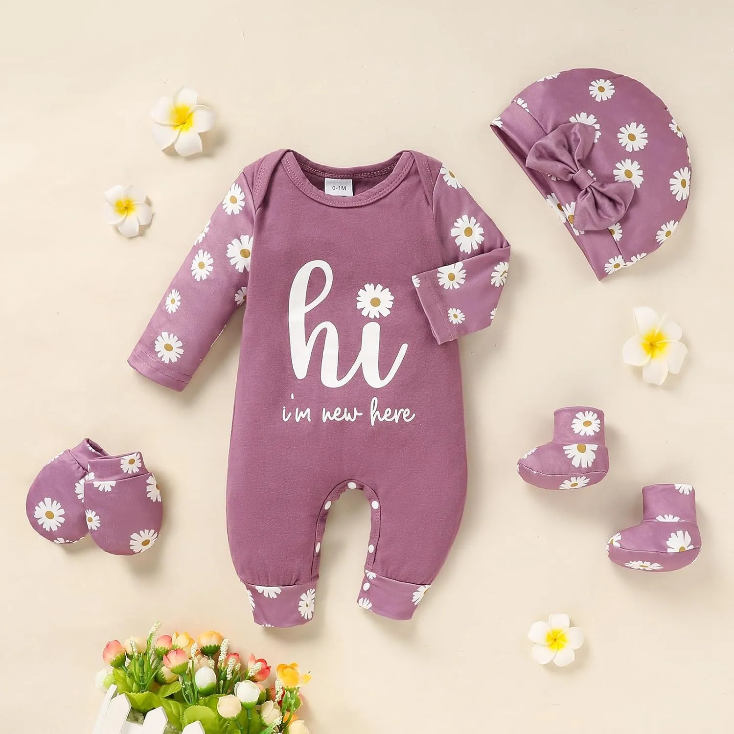 Sinhoon Newborn Baby Girl Romper Infant Letter Print Bodysuit Jumpsuit Hat Gloves Socks 4Pcs Coming Home Clothes Outfit