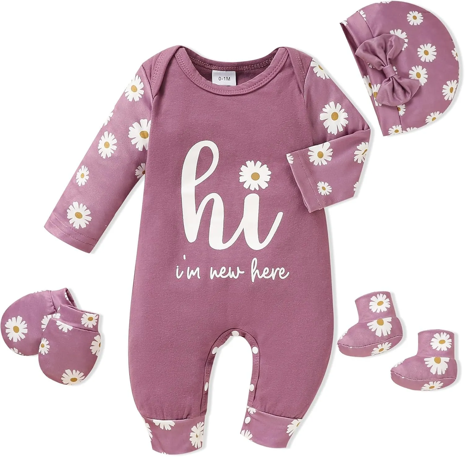 Sinhoon Newborn Baby Girl Romper Infant Letter Print Bodysuit Jumpsuit Hat Gloves Socks 4Pcs Coming Home Clothes Outfit