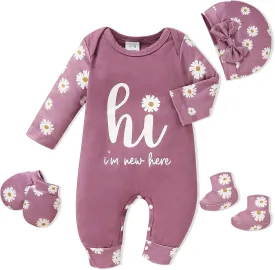 Sinhoon Newborn Baby Girl Romper Infant Letter Print Bodysuit Jumpsuit Hat Gloves Socks 4Pcs Coming Home Clothes Outfit