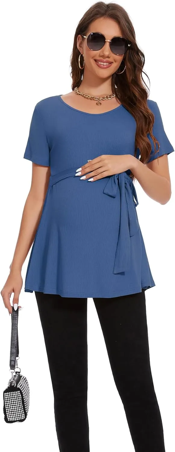 Smallshow Women's Maternity Shirts Tie Front Short Sleeve Pregnancy Tops Clothes