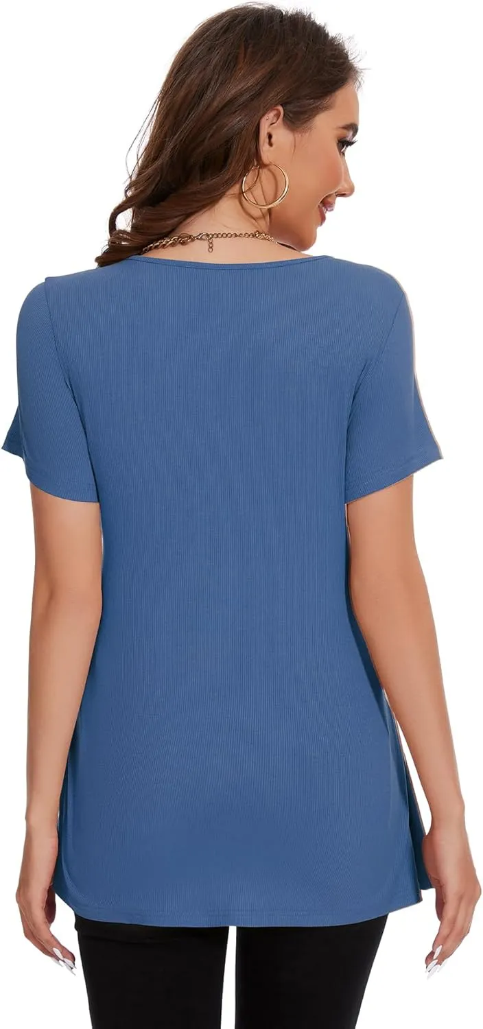 Smallshow Women's Maternity Shirts Tie Front Short Sleeve Pregnancy Tops Clothes